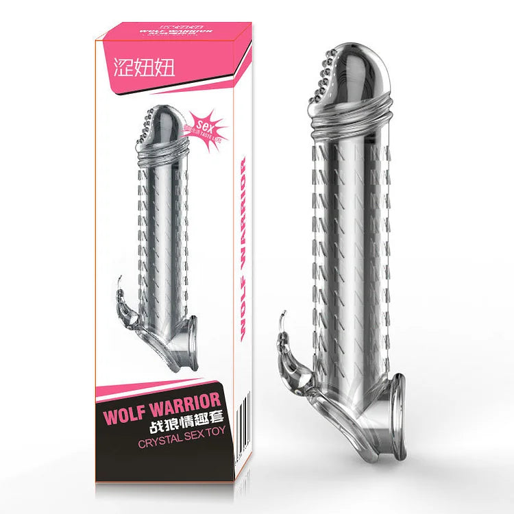 Transparent Vibrating Wolf Tooth Penis Sleeve Silicone Rabbit Cock Ring