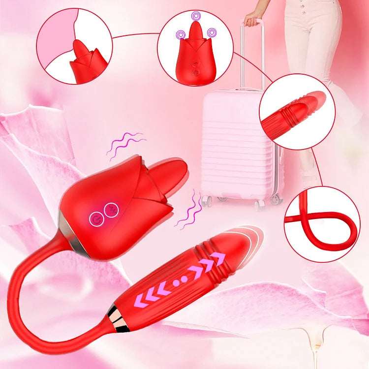 2 In 1 Rose Toy Tongue Licking Rose Vibrator With Telescopic Bullet